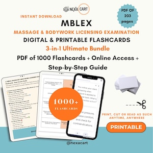 May include: A digital study bundle for the MBLEX Massage & Bodywork Licensing Examination, featuring a 203-page PDF, 1000 flashcards, an online access guide, and printable cards. The text includes 'NEXA CART', '1000+ FLASHCARDS', and 'PRINTABLE'.