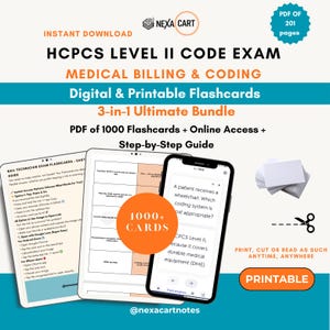 May include: A digital study bundle for the HCPCS Level II Code Exam, featuring a 201-page PDF, 1000 flashcards, and a step-by-step guide. The image displays a tablet and smartphone showing medical coding questions, a stack of blank cards, and text.