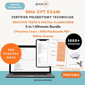 May include: NHA CPT Exam Certified Phlebotomy Technician 3-in-1 bundle featuring 300 practice questions, 1000 digital flashcards, and online access. Includes a laptop, smartphone, and tablet displaying study materials, plus a stack of blank cards.