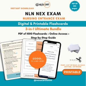 Op de afbeelding: Een digitaal en printbaar 3-in-1 pakket voor het NLN NEX verpleegkunde toelatingsexamen, met een PDF van 202 pagina's, 1000 flashcards, een online toegangsgids en een stapsgewijze handleiding. De afbeelding toont een tablet, smartphone en kaarten.