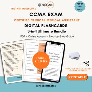 Pode incluir: Um pacote de estudo digital para o exame CCMA Certified Clinical Medical Assistant, com 205 páginas de flashcards, acesso online e um guia passo a passo. Mais de 1000 cartões são exibidos em um tablet e um smartphone.