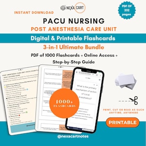 May include: A digital and printable PACU nursing flashcard bundle containing 1000 flashcards in a 202-page PDF. The image displays a tablet and smartphone showing study content, a stack of blank white cards, and a pair of scissors icon with text.