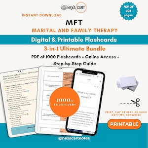Op de afbeelding: Een digitale en printbare set flashcards voor relatie- en gezinstherapie met 1000 kaarten, online toegang en een stapsgewijze handleiding. De set bevat een pdf van 203 pagina's, een tabletweergave, een smartphonescherm en een stapel blanco kaarten.