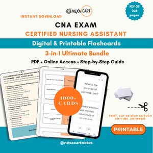 May include: A digital and printable CNA exam flashcard bundle featuring 1000+ cards and a 208-page PDF. The set includes an easy access guide, online access, and a step-by-step guide displayed on a tablet and smartphone screen with orange accents.