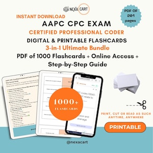 May include: A digital bundle for the AAPC CPC exam featuring 1000+ flashcards, a step-by-step guide, and online access. The set includes a 201-page PDF, printable cards, and a mobile interface showing medical coding questions and answers.