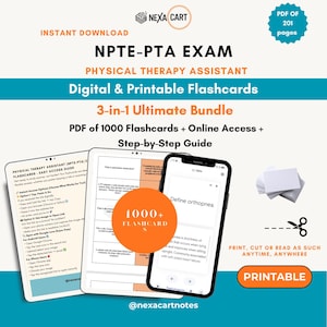 Op de afbeelding: Een digitaal en printbaar 3-in-1 pakket voor het NPTE-PTA examen, met 1000 flashcards in een PDF van 201 pagina's. De afbeelding toont een tablet en smartphone met studie-inhoud, een handleiding, een stapel blanco kaarten en een schaar.