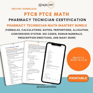 May include: Digital download bundle for PTCB and PTCE pharmacy technician math. Includes formulas, calculations, ratios, and more. The image shows a tablet, phone, and printables with study materials. Features an orange "Digital Download" circle.