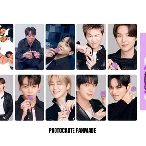 Peut inclure: Une collection de dix cartes photo artisanales rectangulaires représentant les membres du groupe de musique BTS. Chaque carte affiche un portrait d'un membre tenant un biscuit Oreo violet. À droite, une carte violette avec le texte BTS OREO.
