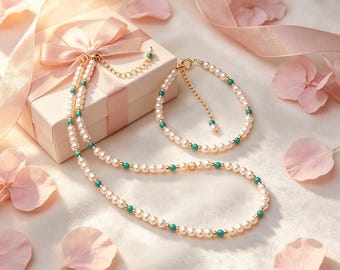 Conjunto de regalo sentimental para novia, delicado collar y pulsera a juego de perlas y turquesa, joyería de moda para el día a día.