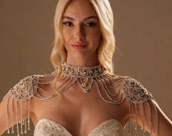 Collar nupcial de cristal para hombros, collar tipo capa nupcial hecho a mano, elegante joyería corporal nupcial.