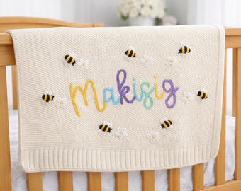 Personalized Baby Knit Blanket with Name, Custom Baby Shower Gift, Nursery Decor
