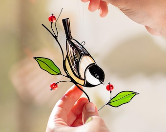 Chickadee Stained Glass Suncatcher - Nature Lover Gift