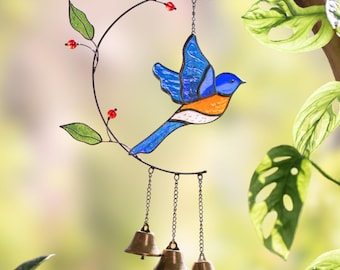 3D Bluebird Stained Glass Suncatcher - Graduation Gift, Wind Chimes for Outdoors