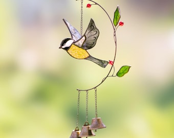 3D Chickadee Windchimes - Stained Glass Grandmas Garden Suncatcher, Bird Lover Gift