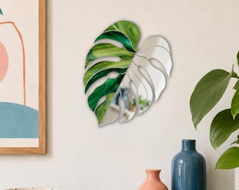 Espejo de pared con vidrieras y diseño de hoja de monstera, arte tropical para pared, regalo para un nuevo hogar.