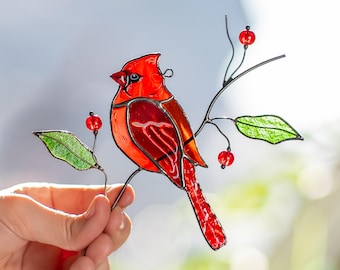 Red Cardinal Stained Glass Window Hanging - Nana Gifts Memorial Suncatcher