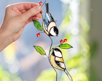 Chickadee Stained Glass Window Hanging - Garden Decor Gifts for Grandma