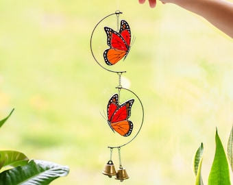 Monarch Stained Glass Suncatcher - Memorial Windchime Gift for Mom - Butterfly Yard Art