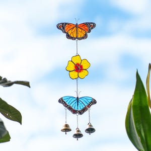 Monarch Butterfly Windchimes Stained Glass Suncatcher - Morpho and Hibiscus Garden Gifts