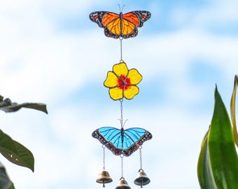 Monarch Butterfly Windchimes Stained Glass Suncatcher - Morpho and Hibiscus Garden Gifts