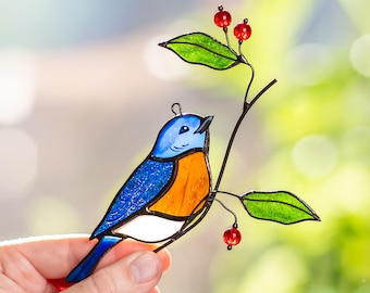Bluebird Stained Glass Suncatcher - Mothers Day Gifts - Bird Art Window Hanging Spring Decor
