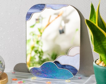 Espejo artesanal con diseño de nubes y vidrieras, arte mural original y divertido - Decoración para apartamentos, regalo de inauguración de casa