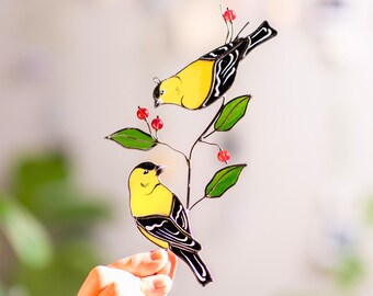 Goldfinch Garden Gifts For Grandma - Stained Glass Suncatcher - Couple Gifts Art Nouveau Decor