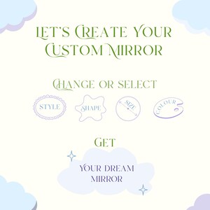 Custom stained glass mirror infographic with options for style shape size and color