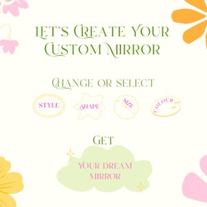 Custom stained glass floral mirror infographic with size options and design details
