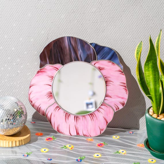 Pansy Stained Glass Mirror - Grandma Gifts, Home Improvement Botanical Wall Art