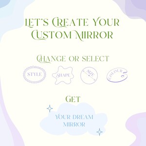 Custom stained glass mirror design guide with style shape size and colour customization options infographic