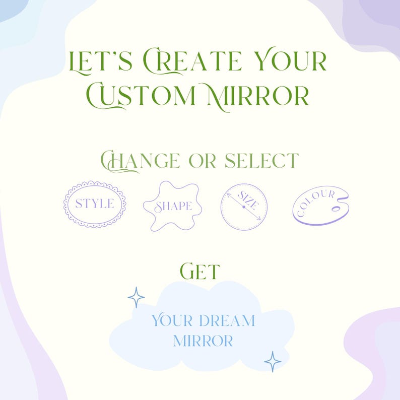 Custom stained glass mirror design guide with style shape size and colour customization options infographic