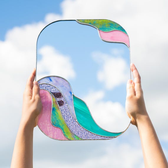 Colorful Waves Stained Glass Mirror - Dopamine Decor, Bathroom Wall Art