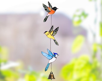 Blue Jay, Baltimore Oriole and Goldfinch Wind Chime Stained Glass Suncatcher - Garden Ornaments
