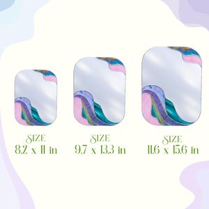 Stained glass colorful waves mirror in three sizes 8.2x11 9.7x13.3 11.6x15.6 inches modern home decor infographic