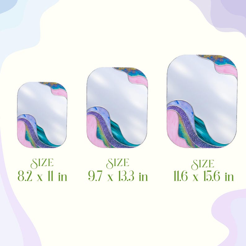 Stained glass colorful waves mirror in three sizes 8.2x11 9.7x13.3 11.6x15.6 inches modern home decor infographic