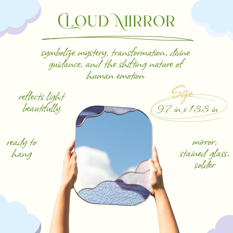 Stained glass cloud mirror infographic with size options and product details