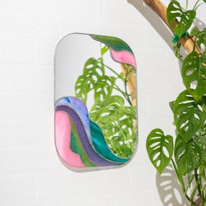 Stained glass colorful waves mirror wall decor with tropical plant reflection handmade glass design