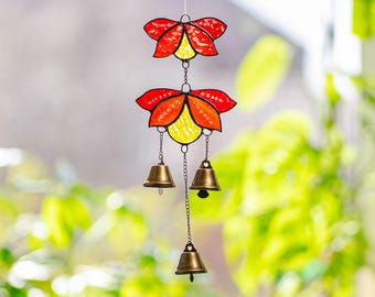 Campanillas de viento de flores silvestres con vidrieras decorativas - Adornos de jardín, arte mural botánico