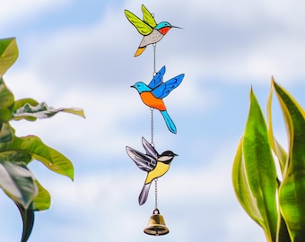 Hummingbird Stained Glass Garden Suncatcher - Bird Lover Gift Wind Chimes Chickadee and Bluebird