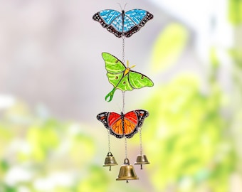 Luna Moth Stained Glass Window Hanging - Monarch and Morpho Butterfly Suncatcher