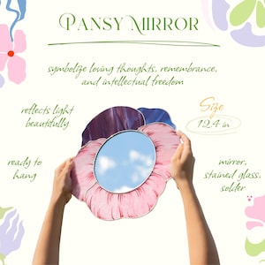 Stained glass pansy mirror infographic with sizes and design details