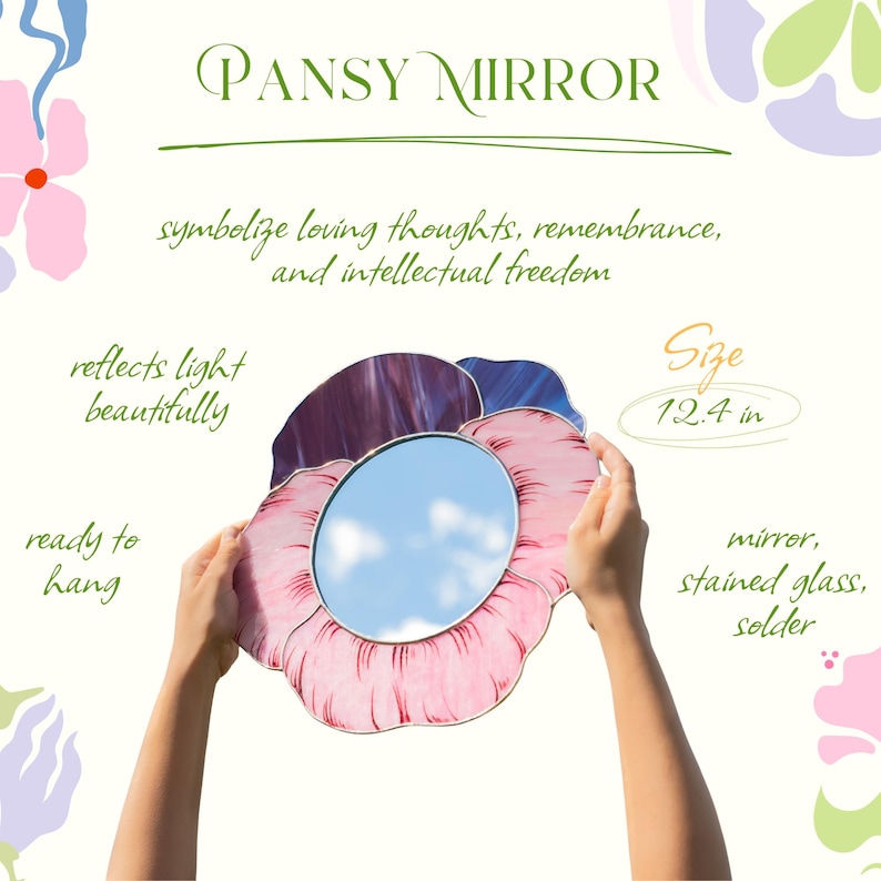 Stained glass pansy mirror infographic with sizes and design details