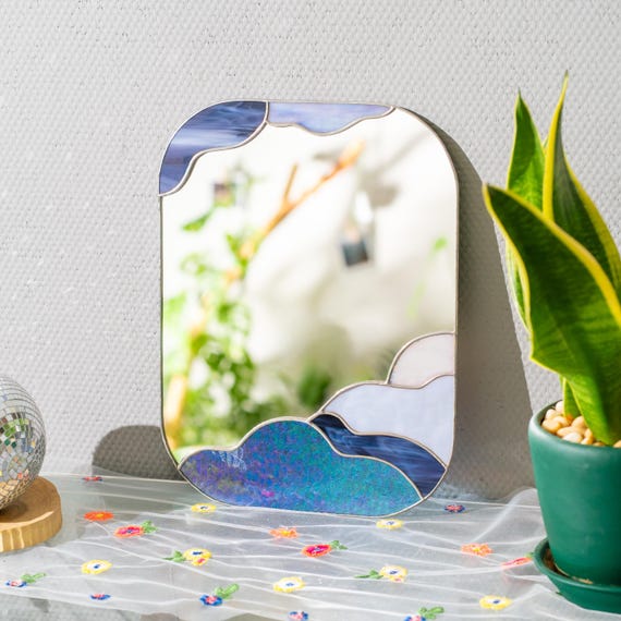 Clouds Handmade Mirror Stained Glass Whimsical Wall Art - Apartment Decor, Housewarming Gift