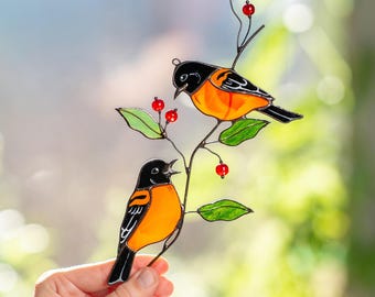 Baltimore Oriole Stained Glass Suncatcher - Orange Bird Gifts For Grandma