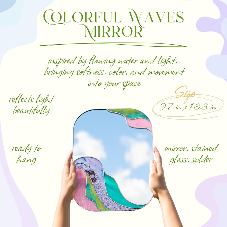 Stained glass colorful waves mirror with pink green and blue glass decor handmade wall mirror design infographic