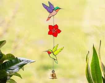 Stained Glass Hummingbird Windchime - Frangipani Flower Garland Garden Suncatcher