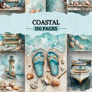 Könnte beinhalten: Aquarell-Illustration mit Küstenmotiv. Das Bild zeigt Muscheln, einen Leuchtturm, Boote und Flip-Flops an einem Sandstrand. Der Text "COASTAL 150 PAGES" ist in der Mitte zu sehen.