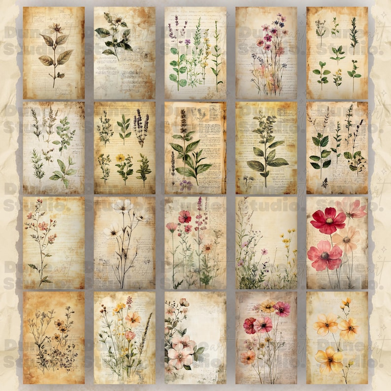 Vintage Botanical Junk Journal Pages, Digital Scrapbook Paper, Herbal ...