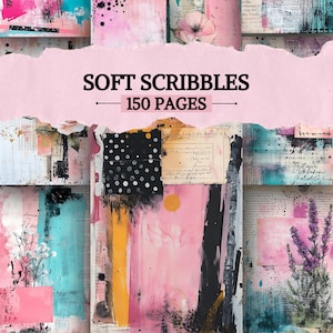 Op de afbeelding: Een journal-omslag in collage-stijl met de titel SOFT SCRIBBLES 150 PAGES, voorzien van mixed media kunst in roze, turquoise en zwarte tinten. Het ontwerp bevat bloemillustraties, handgeschreven tekst, stippen en abstracte verfspatten.